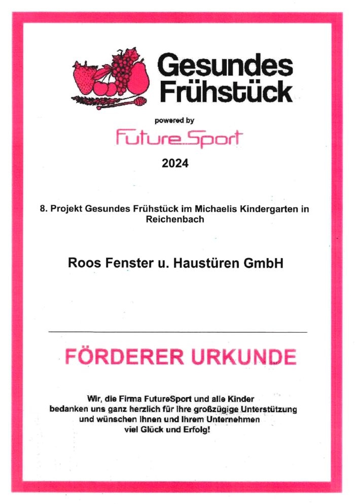 Urkunde der Roos Fenster und Haustüren GmbH für die Förderung der Aktion "Gesundes Frühstück"