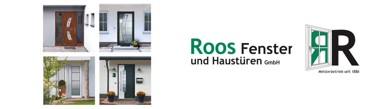 HHeaderbild mit 4 Haustüren und Logo der Roos Fenster und Haustüren GmbH